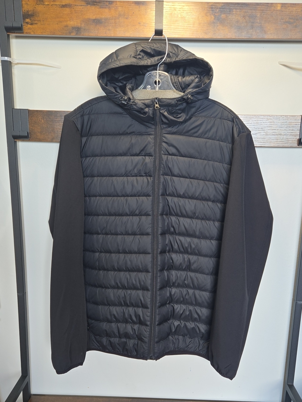 Sky Men's Black Quilted Hooded Puffer Jacket with Knit Sleeves